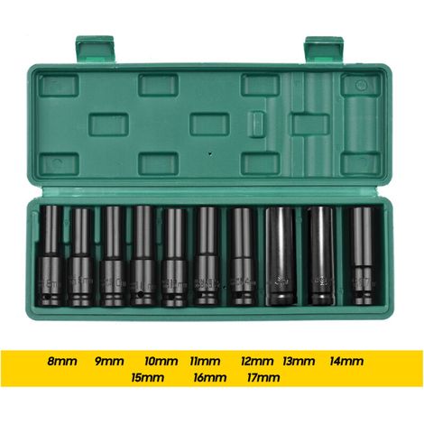 Jeu de douilles à chocs hexagonales à entraînement 1/2 pouces, 10 pièces, tailles métriques profondes, matériau CR-V 8-17mm avec boîte de rangement (1/5)