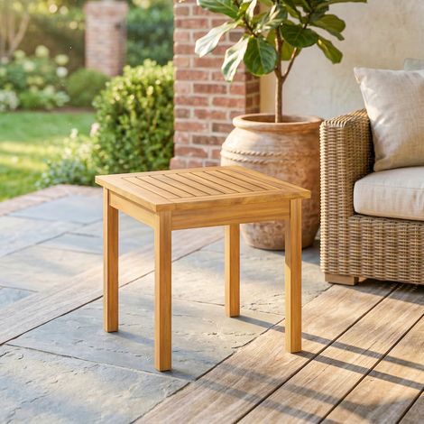 Table Basse de Jardin Carrée en Bois d'acacia Massif. avec Plateau à Lattes. Pieds Réglables. 48x48x46cm. Naturel
