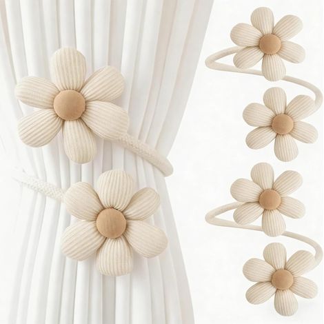 Lot de 2 embrasses de rideaux en corde tressée pour rideaux - Fleur rose violette - Clips et embrasses de rideaux en corde - Sans perforation - Pour filles (beige) (1/5)