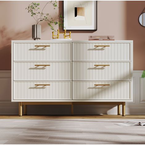 Kommode 120x40x75 cm Weiß aus Spanplatte und Metall mit 6 Schubladen, geriffelter Front und verstellbarem Fuß (1/5)