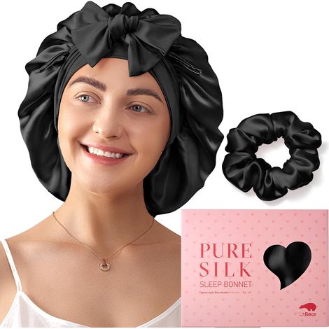Cuffia da notte da donna in 100% seta di gelso, taglia 6A (22 momme), ampia, a doppio strato, con fascia per capelli, turbante antiscivolo, elastico per capelli incluso. (1/5)