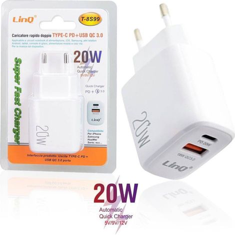 Trade Shop - DUALES SCHNELLLADEGERÄT TYP C PD + USB QC 3.0 SUPERSCHNELLLADEGERÄT 20W T-8S99 - (1/2)