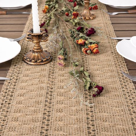 Chemin de Table Toile de Jute 30x275 cm Motif Ajouré Tissé Vintage de Nappe (1/5)