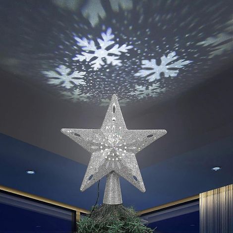 Décoration de sapin de Noël argentée illuminée avec projecteur de flocons de neige blancs (1/5)