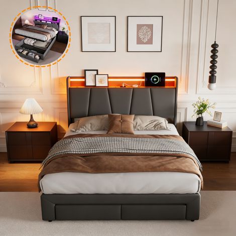 Lit coffre 140x190, Lit double capitonné avec Éclairage LED et USB, Lit rembourré avec 2 tiroirs et tete de lit, Lin, Gris Foncé