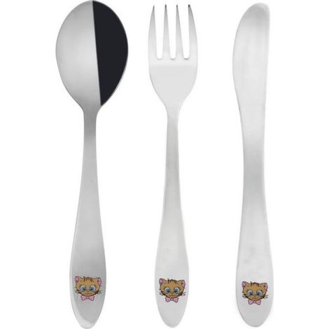 Couverts Enfant - Acier Inoxydable - Motif Chat - 3 Pièces - Fourchette 15,5 cm - Couteau 17 cm - Cuillère 15,5 cm (1/2)