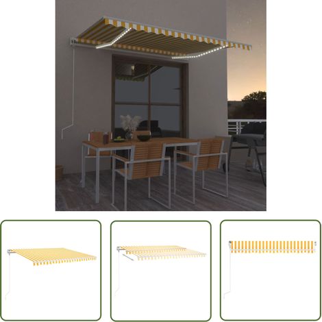 The Living Store Auvent automatique capteur de vent LED 450x350cm Jaune et blanc - Auvent Retractable - Parasol Exterieur - Abri Solaire - Tente De Jardin - Ombrage Terrasse (1/5)