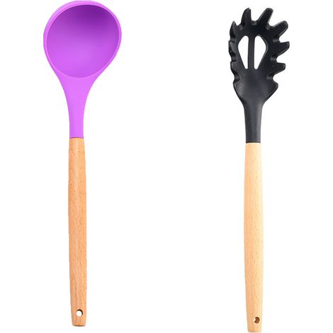 Ensemble Ustensiles Cuisine - Silicone Et Bois - Resistants Chaleur Pour Poêles Antiadhésives - Lot De 2 Pièces (1/5)