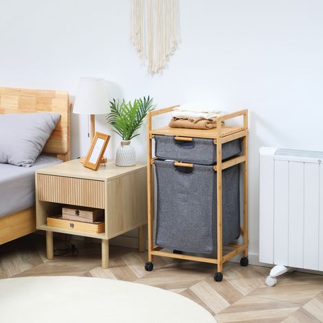 Cesto para Ropa Sucia Cesta para la Colada de Bambú con 2 Bolsas de Tela Extraíbles y Ruedas 42x35x84,5 cm Gris (1/5)