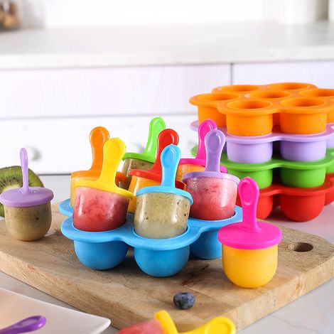 Moules à sucettes glacées en silicone mini avec 7 cavités, bâtonnets colorés et plateau de rangement pour bébé (1/4)