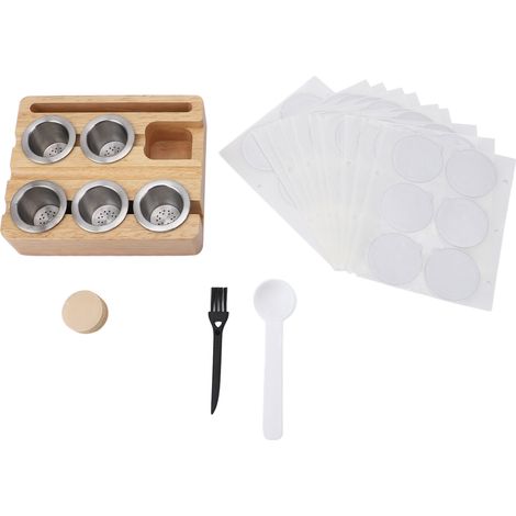 Kit de Remplissage Capsules Café + 5 Pods Réutilisables Inox, Bois Massif, Papier Filtre & Couvercle Alu Autocollant (1/5)