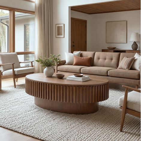 Tavolino basso ovale 98 cm con vano nascosto, effetto noce, MDF impiallacciato legno HAVRYA (1/5)