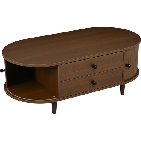 Mesa de centro redonda color nogal con 2 cajones y puertas correderas, MDF, 100 x 50 x 36 cm (1/5)