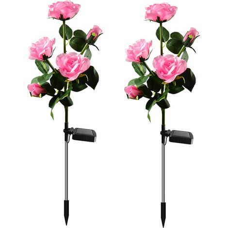 Dos luces decorativas LED solares para jardines, con diseños que simulan rosas (rosa - 5 cabezas de rosa). (1/5)