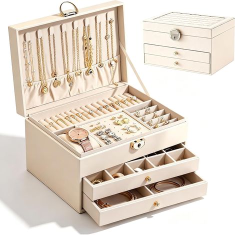 Grande boîte à bijoux : 23 × 17 × 13,5 cm Boîte à bijoux à trois couches Tiroirs Boîte à bijoux en cuir PU étanche à la poussière Boîte à bijoux Rangement pour femmes, pour chambre à coucher et (1/5)