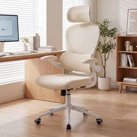Wahson Ergonomic Desk Chair - 4D Adjustable Headrest Swivel Computer Chair with Flip-up Armrest for Home Office, 1-Pack, Beige