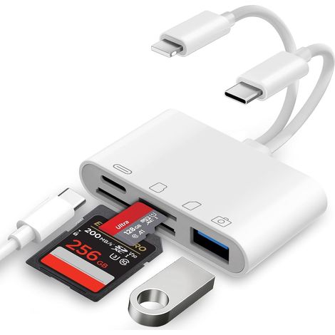 [Apple MFi Certified] Lecteur Cartes SD pour iPhone, 4en1 Lecteur de Carte Mémoire USBC Lightning vers SD/Micro SD/USB/Charging, Adaptateur Cartes SD USB C pour iPhone 16/15/iPad/Samsung/Caméra (1/5)