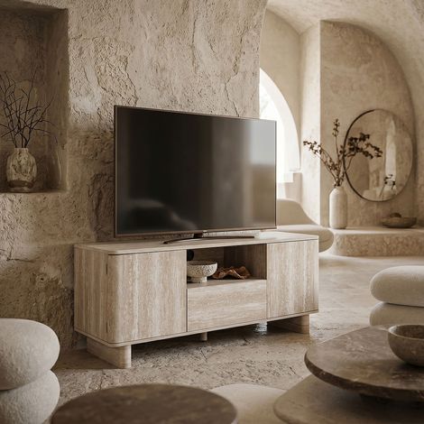 The Home Deco Factory – Meuble TV Pietra – Rangements fermés et niche centrale – Design sobre – Couleur blanc et beige – Dimensions adaptées pour équipements multimédias (1/5)