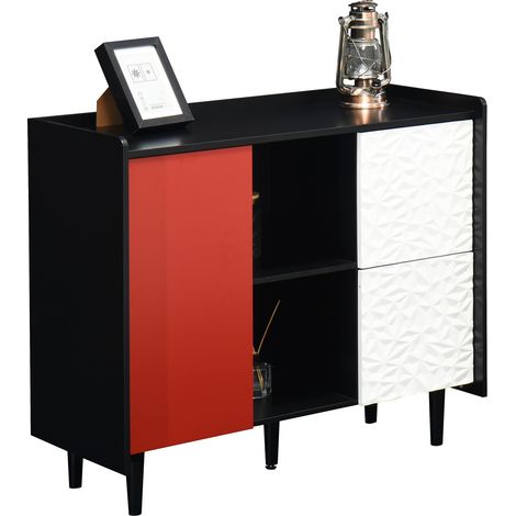 Buffet de rangement noir et rouge avec 2 tiroirs, 2 niches ouvertes et placard fermé, meuble de cuisine et salle à manger en MDF – CHICFURN (1/5)