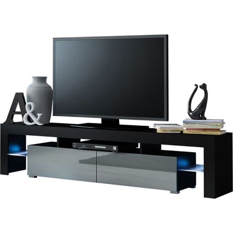Meuble TV SPIDER BIG A LED en Noir MAT avec portes Gris Laqué 200 cm (1/3)