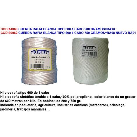 sifer cuerda rafia blanca 2 mmx120 m  600m-kg 1 cabo 200 gr ra13