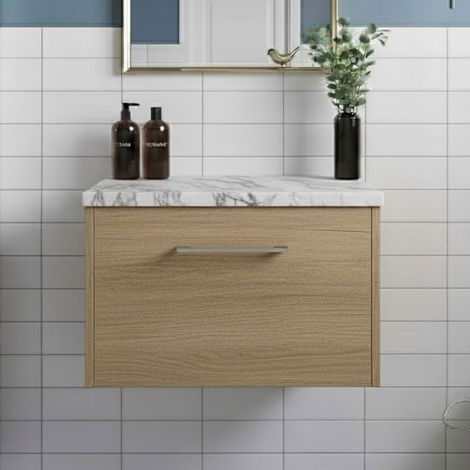Hudson Reed Juno Wall Hung 1-Drawer Vanity Unit with Carrera Marble Worktop 600mm Wide - Autumn Oak