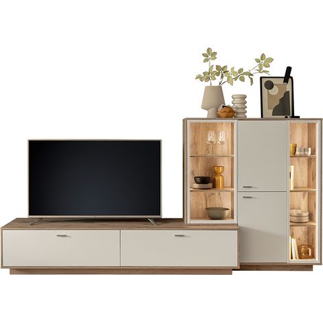 Wohnwand in Eiche und weiß modern mit LED-Beleuchtung, 2-teilig - SAGUNTO-05 (1/5)