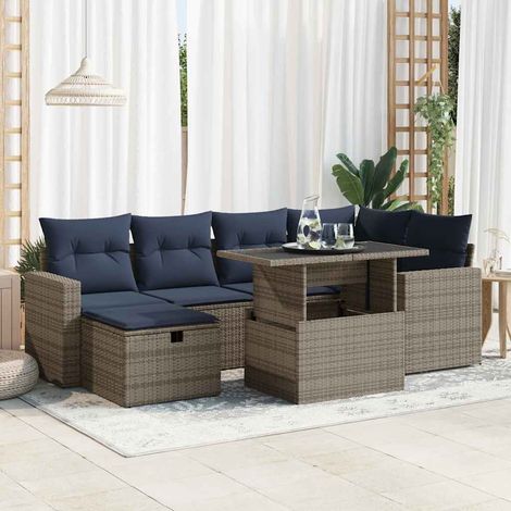 Juego Sofá Jardín 7 Piezas con Cojines Gris Poli Ratán Acacia vidaXL (1/5)