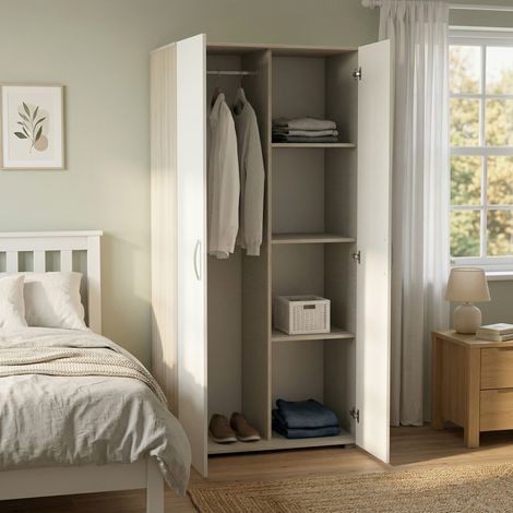 Dmora - Armario 2 puertas Ockhi, Muebles de dormitorio, Vestidor, Armario de ropa, 79x52 h166 cm, Roble y Blanco mate (1/5)