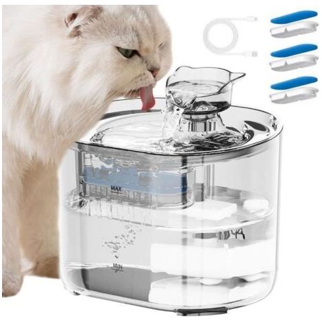 Fontaine à Eau pour Chats et Chiens - 2,2 litres-silencieux, prise USB, avec cartouche filtrante à 4 niveaux, transparent