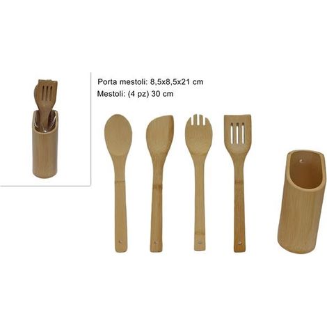 Portamestoli da Cucina con Mestolame in Bamboo 4 Pezzi (1/2)