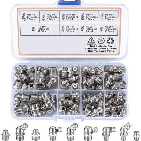 Surtido de 60 engrasadores roscados M6, M8 y M10, rectos de 45°, 90° y 180°, con estuche de plástico, para equipos mecánicos. (1/4)