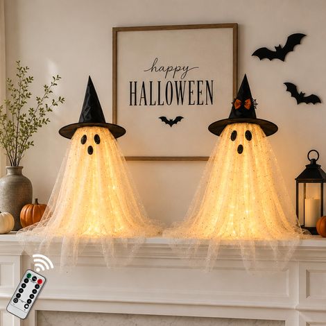 AYGXU 2 Pièces Décorations d'Halloween Intérieures, Fantômes Décoratifs avec Guirlande Lumineuse et Télécommande, Décorations de Fête d'Halloween, Fantôme Lumineux Effrayant pour la Maison (1/3)