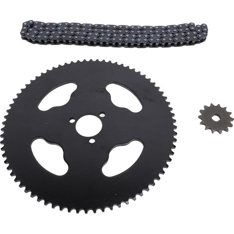 Kit chaîne et pignons avant/arrière T8F avec chaîne T8F 120 maillons, pignon avant T8F 14 dents, pignon arrière 74 dents, trou en H de 10 mm, pignon arrière 74 dents, pignon de 29 mm. (1/5)