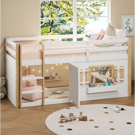Cama alta infantil 90x200 cm blanca de madera maciza y MDF con escalera y zona de juego (1/5)