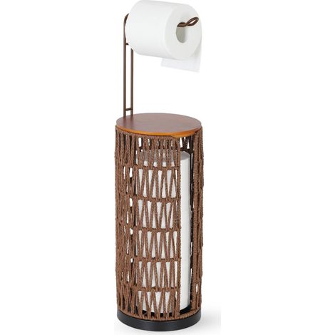 Distributeur de Papier Toilette Autonome Rangement avec Etagère, Rangement de Papier Toilette en Rotin Boho, Porte-Papiers de Salle de Bains Debout pour Rouleaux de Papier Toilette (1/5)