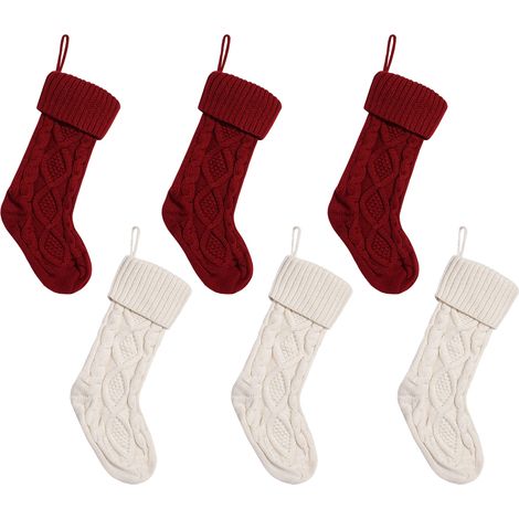 6 Chaussettes de Noël, tricotées en acrylique, 46 cm, motif bicolore, pour cheminée et décoration familiale (1/5)