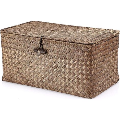 Cestino quadrato in erba marina con coperchio. Organizer decorativo per bagno, mensola o scrivania (Caffè M) (1/5)