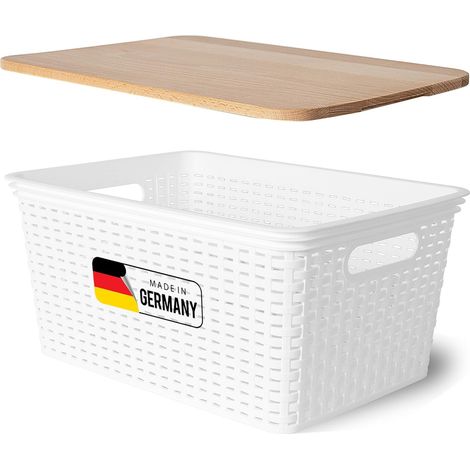 Boîte de rangement Novaliv avec couvercle en bois, grand panier de 14 L, blanc en rotin, panier de rangement alimentaire, boîte empilable, plastique