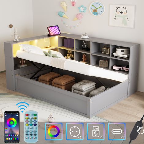 Lit coffre 90 x 200 cm, lit rembourré avec prises multiples et rangements, bandeau lumineux LED, sommier à lattes, design moderne, Gris (1/5)