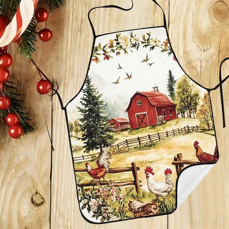 1pc Watercolor Farmland Chickens Red Barn Print Apron  For Baking Gardening Kitchen Work  Christmas Gift for Rustic Home Decor Lovers, Kitchen Apron (1/4)