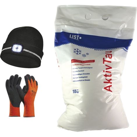vasalat Streusalz 10kg - Auftausalz + Arbeitshandschuhe Winter Gr.10 + Mütze mit Led Licht schwarz