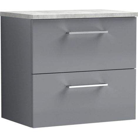 Nuie Arno Wall Hung 2-Drawer Vanity Unit with Bellato Grey Worktop 600mm Wide - Satin Grey (1/4)