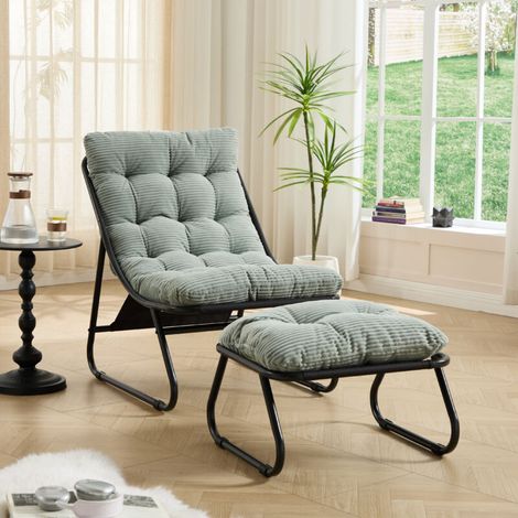 Fauteuil de jardin avec repose-pieds, fauteuil inclinable confortable avec coussin moelleux et repose-pieds, idéal pour le salon, la chambre ou le coin lecture, structure noire et coussin vert clair