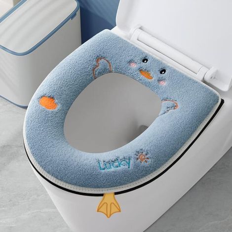 Abattant WC épais, housse de siège de toilette chauffante, réutilisable et douce, lavable en peluche, facile à installer, confortable (bleu) (1/5)