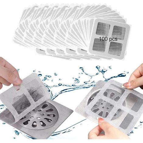 100 Stück Einweg-Abflussaufkleber für Dusche, Abfluss, Waschbecken, Haare, Haarfilter aus Netzgewebe für Bad, Badewanne und Küche (1/5)