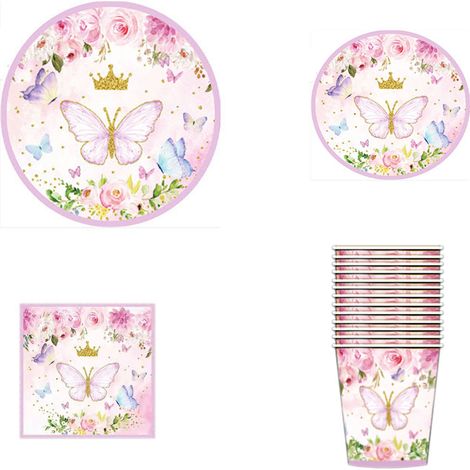 Service de table papillons pour 25 invités, 37 pièces : assiettes, gobelets, serviettes, pailles, décoration papillons magiques, pour enfant. (1/5)