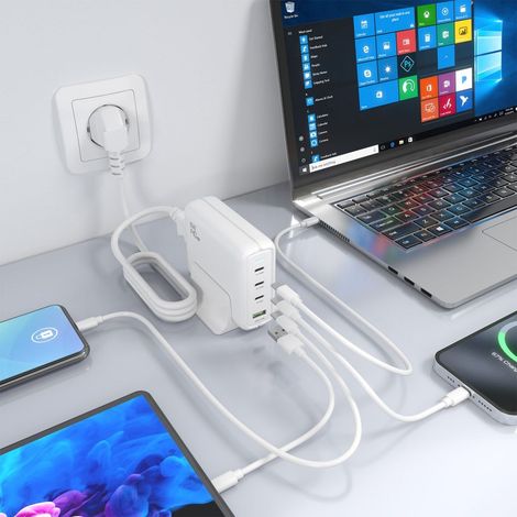 Aisens Cargador Sobremesa Gan 140W, 3xUSB-C PD3.1 QC4.0 QC5.0, 1xUSB-A QC3.0, Blanco (1/2)
