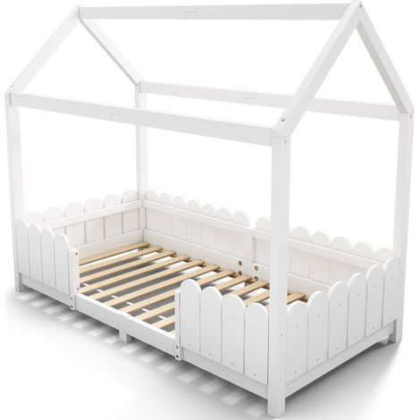 Letto a casetta per bambini 90 x 200 cm con sponda di sicurezza e rete a doghe bianco (1/5)