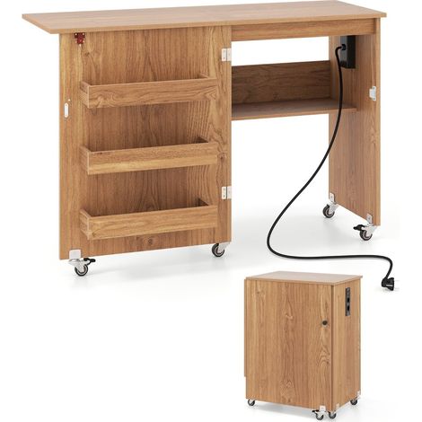 Folding Sewing Table with Charging Station Foldable Craft Cart with Shelf and Drawers Natural Storage Cabinet (1/2)